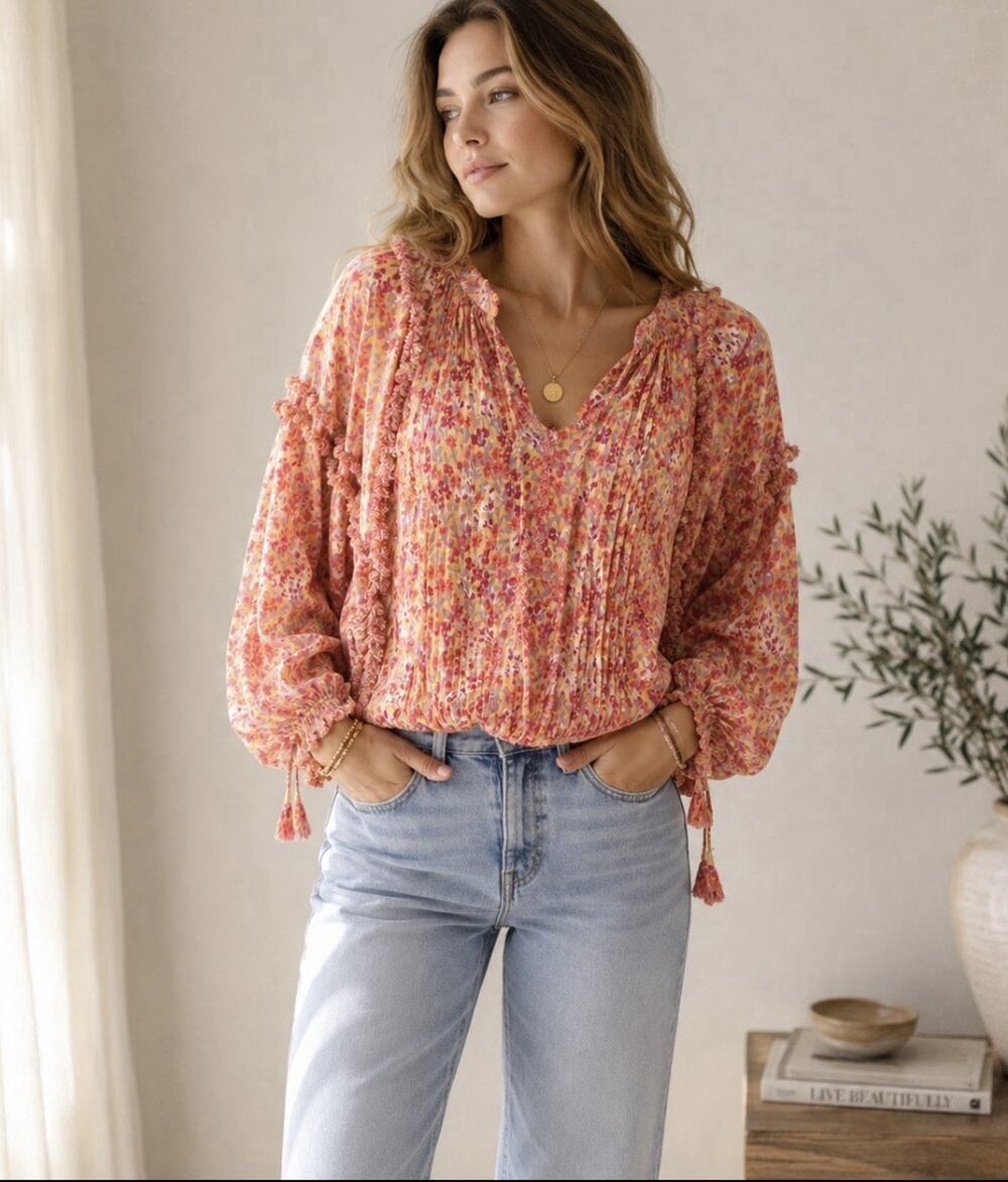 Poupette St Barth OS Floral Viscose Blouse Pintuck Fringe Tassel Boho Resort Top